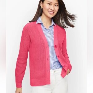 Talbots Pink Pima Shaker Stitch Bishop Sleeve Cardigan